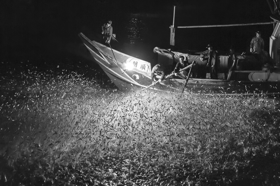 Disappearing fishing boat at night